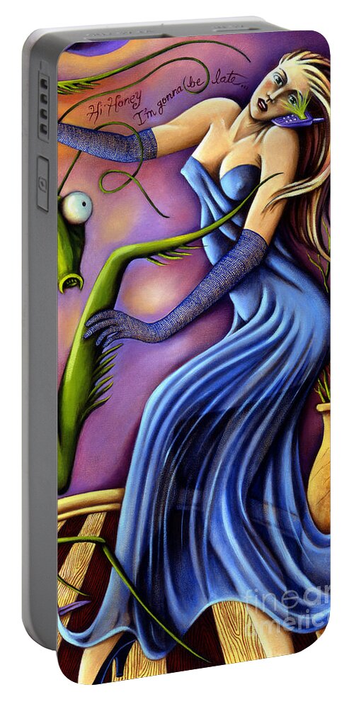 Fantasy Portable Battery Charger featuring the painting Hi Honey I'm Gonna be Late by Valerie White