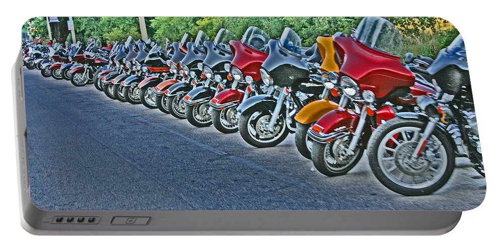 Motorcycles Portable Battery Charger featuring the digital art HOGS Sittin Pretty All in a Row by Susan McMenamin