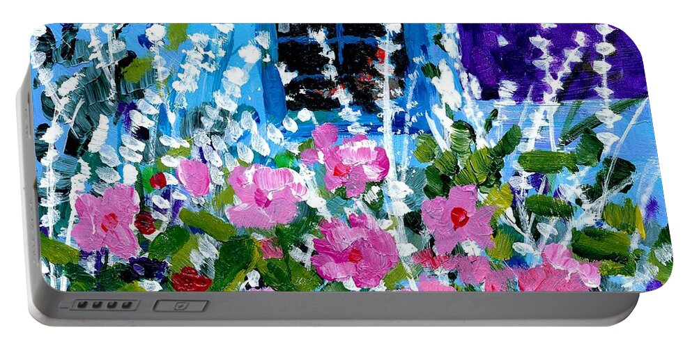 Flowers Portable Battery Charger featuring the painting Hollyhock Alley by Adele Bower