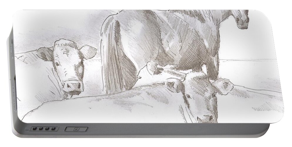 Horse Portable Battery Charger featuring the drawing Horse and Cows sketch by Mike Jory