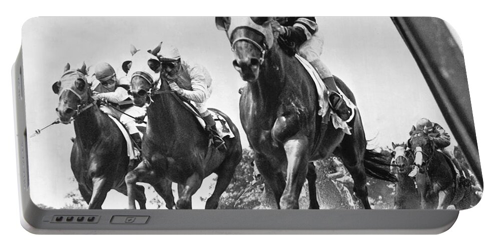 1950's Portable Battery Charger featuring the photograph Horse Racing At Belmont Park by Underwood Archives