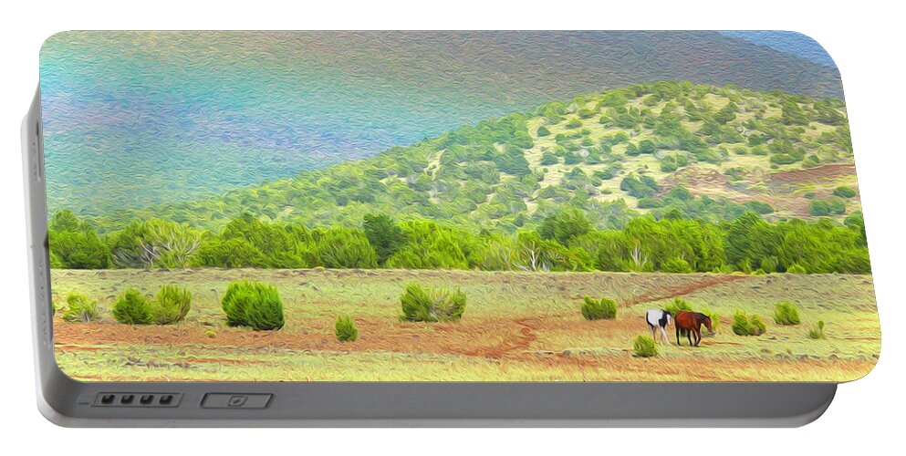 Rainbow Portable Battery Charger featuring the photograph Horses at the end of the rainbow by Tracy Winter
