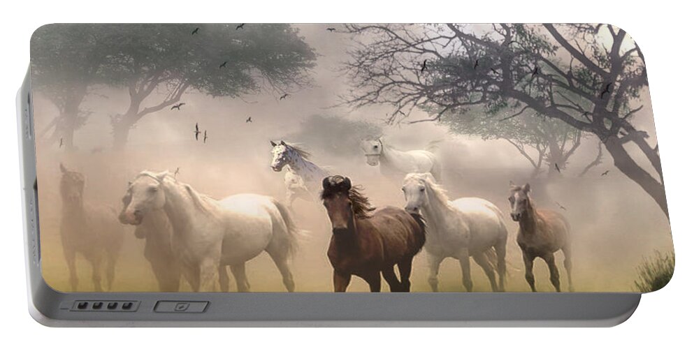 Horses Portable Battery Charger featuring the digital art Horses in the Mist by Nina Bradica