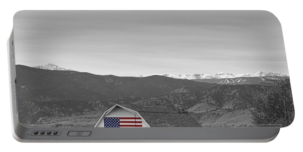 'hot Air Balloon' Portable Battery Charger featuring the photograph Hot Air Balloon Boulder Flag Barn and Eldora BWSC by James BO Insogna