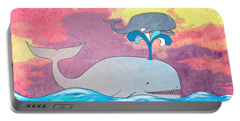 Whale Portable Battery Charger featuring the mixed media How Whales Have Fun by Shawna Rowe