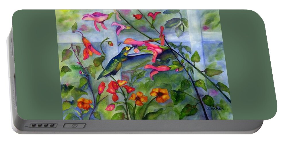 Birds. Hummingbird Portable Battery Charger featuring the painting Hummingbird Dance by Jane Ricker