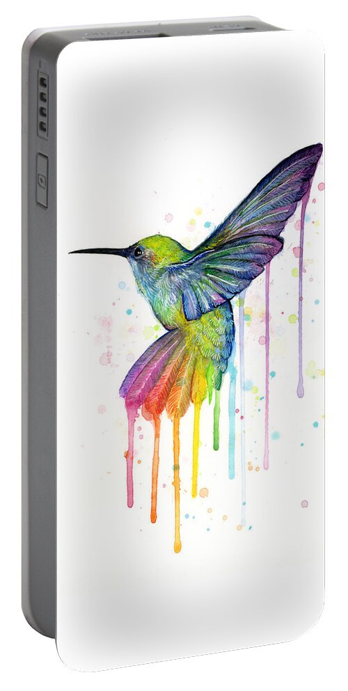Hummingbird Portable Battery Charger featuring the painting Hummingbird of Watercolor Rainbow by Olga Shvartsur