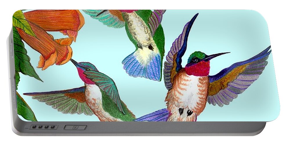 Hummingbirds Portable Battery Charger featuring the drawing Hummingbirds by Anthony Seeker