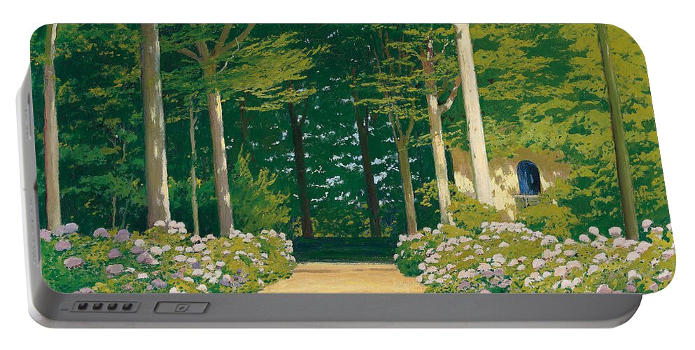 Hydrangeas On A Garden Path Portable Battery Charger featuring the painting Hydrangeas on a Garden Path by Santiago Rusinol i Prats