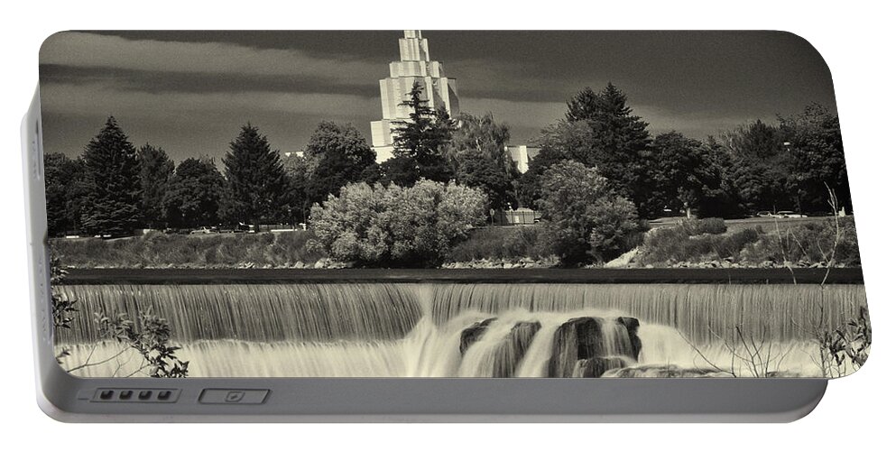 Idaho Falls Temple Portable Battery Charger featuring the photograph Idaho Falls Temple Black and White by Greg Norrell