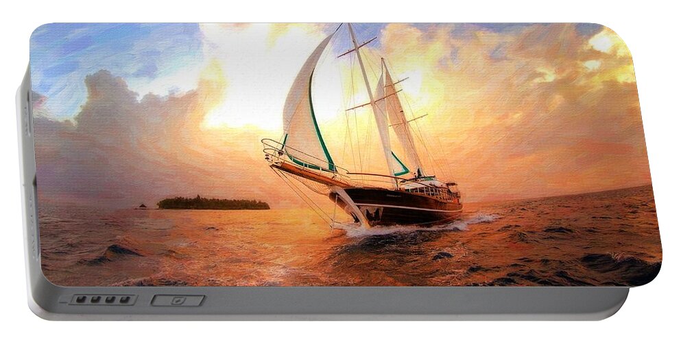 Full Sail Portable Battery Charger featuring the digital art In Full sail - oil painting edition by Lilia D
