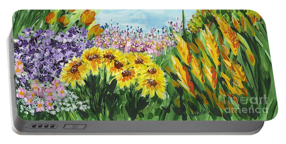 Landscape Portable Battery Charger featuring the painting In My Garden by Holly Carmichael