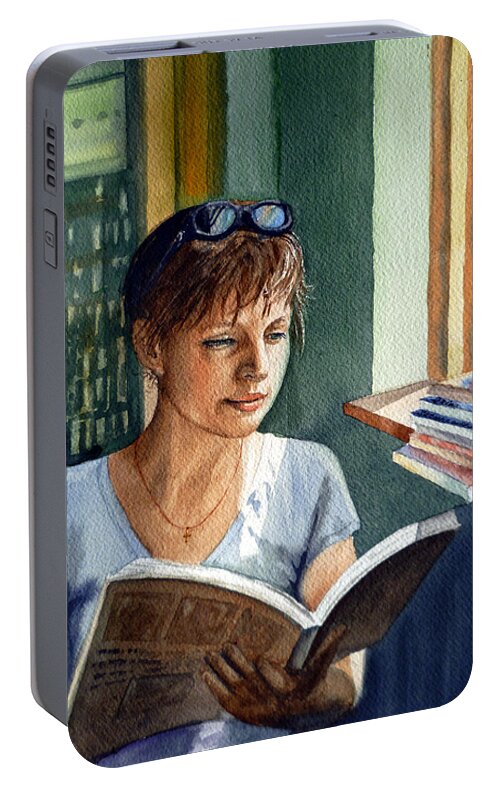 Woman Portable Battery Charger featuring the painting In The Book Store by Irina Sztukowski