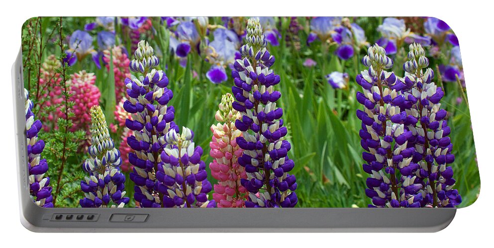 Flowers Photograph; Lupine Canvas Print Portable Battery Charger featuring the photograph Below the Evergreen Dam by Jim Garrison