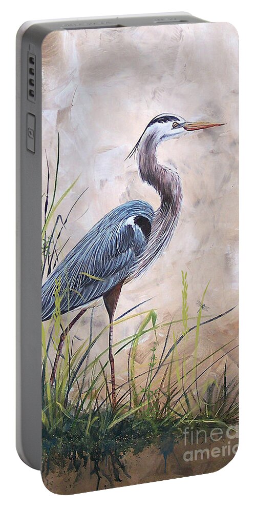 Heron Portable Battery Charger featuring the painting In the Reeds-Blue Heron-A by Jean Plout