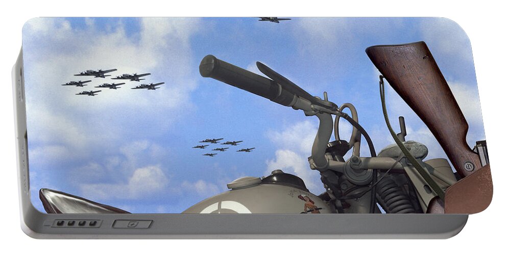 Ww2 Portable Battery Charger featuring the photograph Indian 841 And The B-17 Bomber SQ by Mike McGlothlen