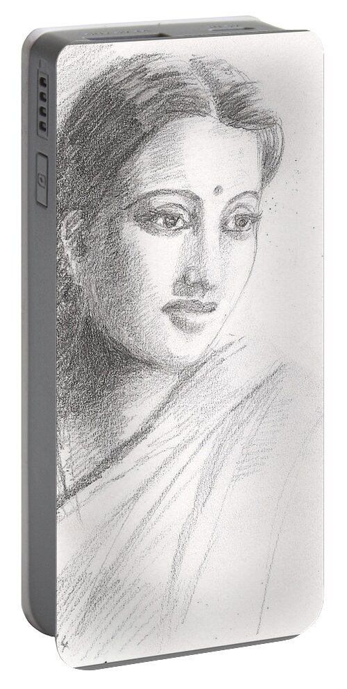 Indian Woman Portable Battery Charger featuring the drawing Indian Woman by Asha Sudhaker Shenoy