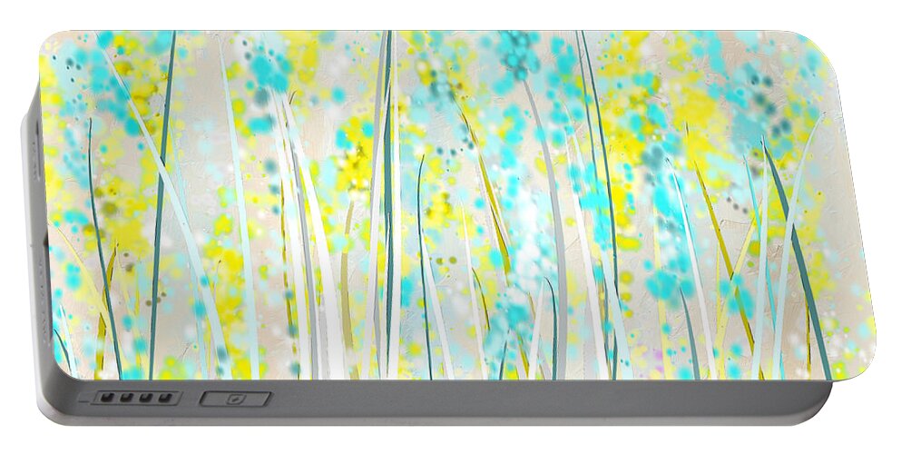 Yellow Portable Battery Charger featuring the painting Indoor Spring- Yellow And Teal Art by Lourry Legarde