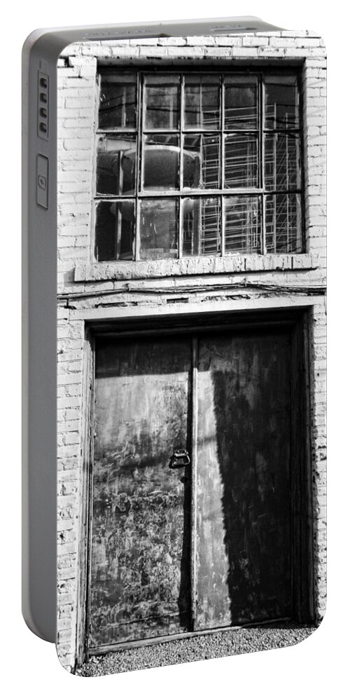 Alley Portable Battery Charger featuring the photograph Industrial Alley Grunge Textures in Black and White by Kathy Clark