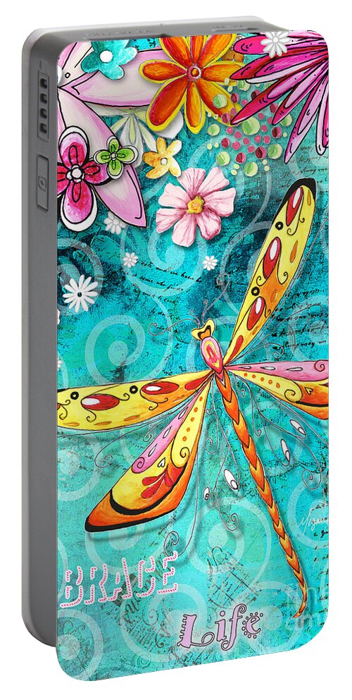 Dragonfly Portable Battery Charger featuring the painting Inspirational Dragonfly Floral Art Inspiring art Quote Embrace Life by Megan Duncanson by Megan Duncanson