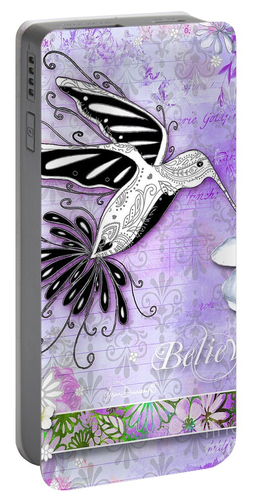 Hummingbird Portable Battery Charger featuring the painting Inspirational Hummingbird Purple Flowers Paisley Pattern Believe by Megan Duncanson by Megan Aroon