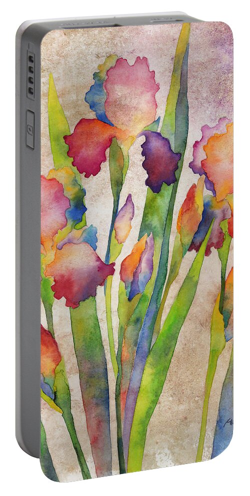 Iris Portable Battery Charger featuring the painting Iris Elegance on Pink by Hailey E Herrera