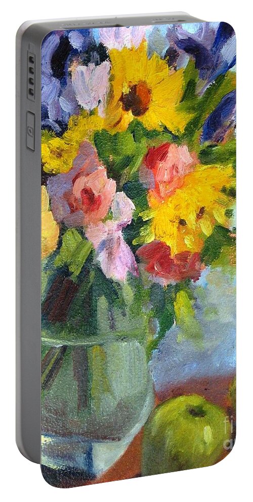 Sunflowers Portable Battery Charger featuring the painting Irises and Apples by Maria Hunt