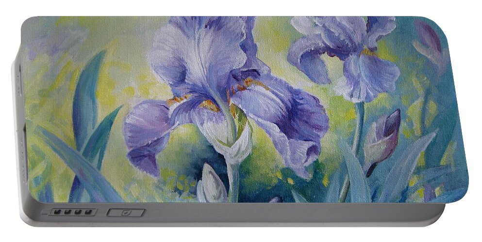 Iris Portable Battery Charger featuring the painting Irises by Elena Oleniuc