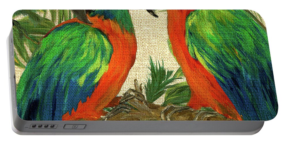 Parrot Portable Battery Charger featuring the painting Island Birds Square On Burlap I by Julie Derice