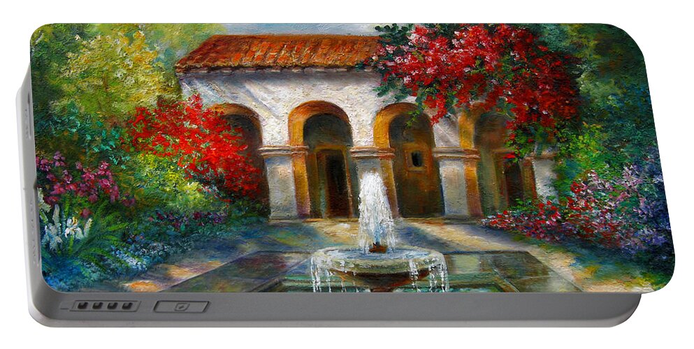  Italian Landscape Portable Battery Charger featuring the painting Italian Abbey garden scene with fountain by Regina Femrite