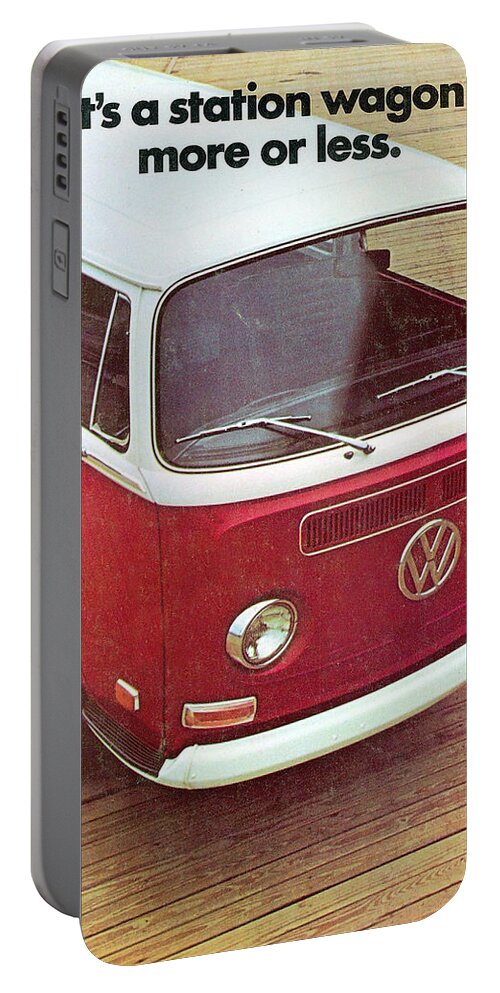 Vw Camper Portable Battery Charger featuring the digital art It's a station wagon more or less - VW Camper ad by Georgia Clare