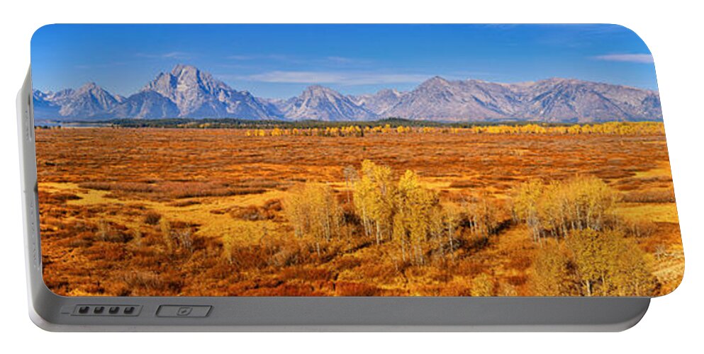 Grand Teton National Park Portable Battery Charger featuring the photograph Jackson Lake Lodge Autumn 2012 Panorama by Greg Norrell
