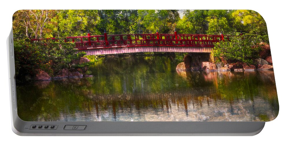 Clouds Portable Battery Charger featuring the photograph Japanese Gardens Bridge by Debra and Dave Vanderlaan