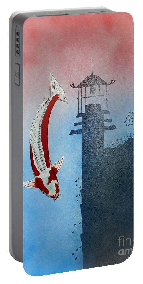 Koi Portable Battery Charger featuring the painting Japanese Koi Shusui Reflection by Gordon Lavender