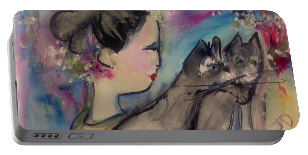 Felines Portable Battery Charger featuring the painting Japanese lady and felines by Judith Desrosiers
