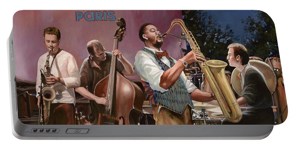 Jazz Portable Battery Charger featuring the painting jazz festival in Paris by Guido Borelli