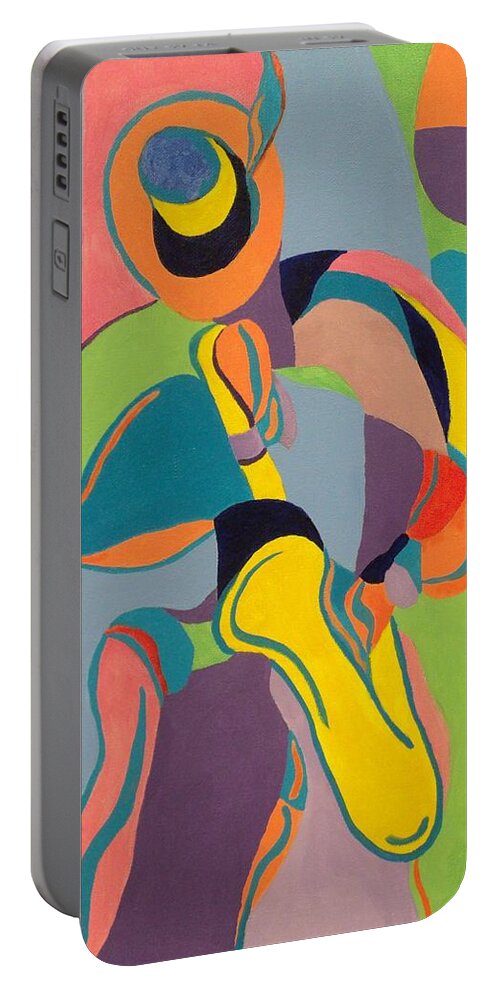 Jazz Portable Battery Charger featuring the painting JazzamaTazz Saxophone by Angelo Thomas