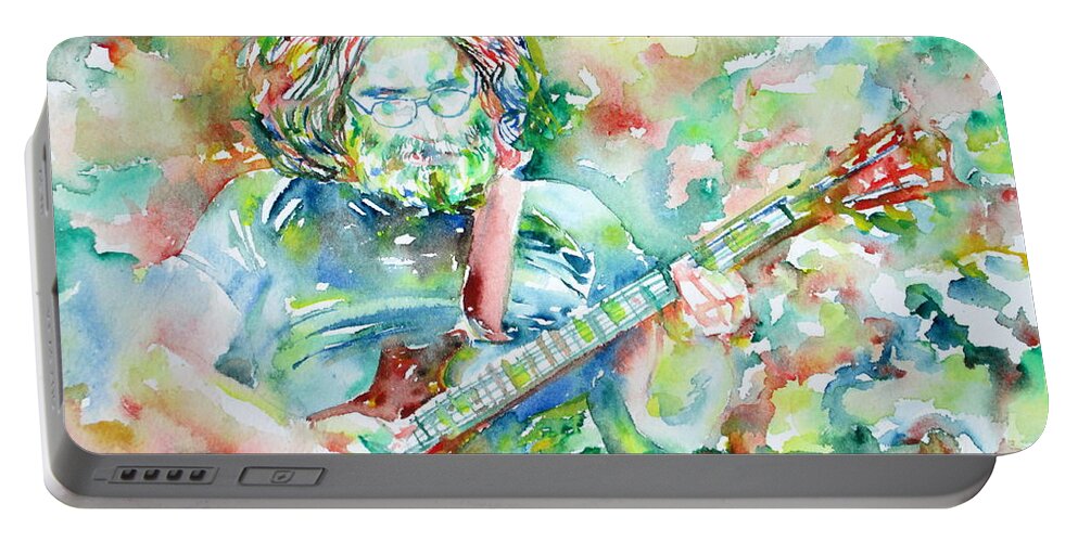 Jerry Portable Battery Charger featuring the painting JERRY GARCIA PLAYING the GUITAR watercolor portrait.3 by Fabrizio Cassetta