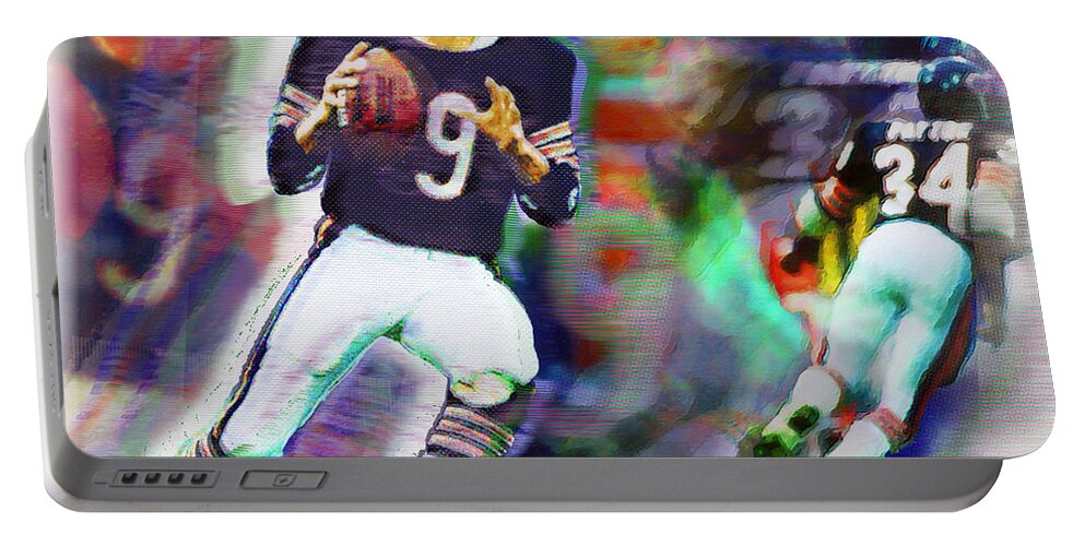 Nfl Portable Battery Charger featuring the painting Jim McMahon With Walter Payton Chicago Bears by Tony Rubino