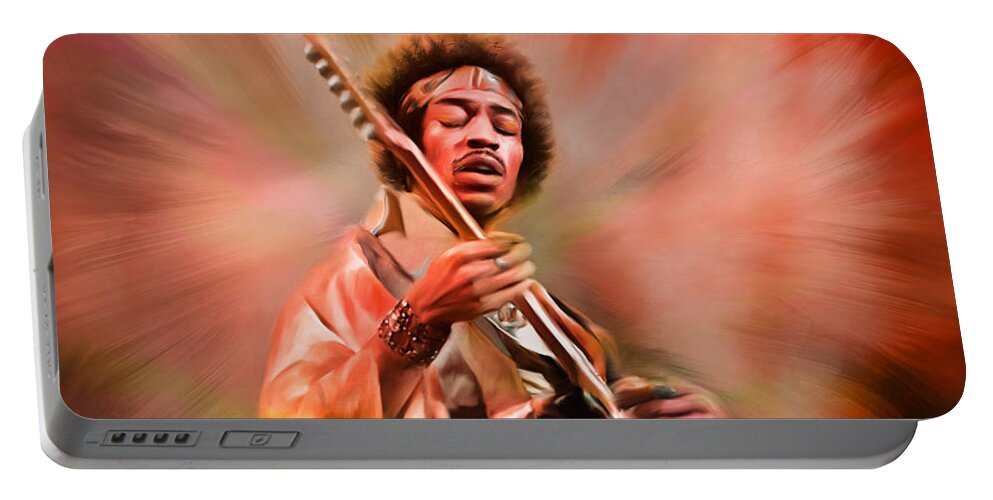 Jimi Hendrix Portable Battery Charger featuring the painting Jimi Hendrix Electrifying Guitar Play by Angela Stanton