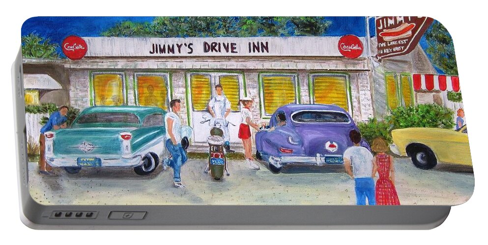 Landscape Portable Battery Charger featuring the painting Jimmy's Drive Inn by Linda Cabrera