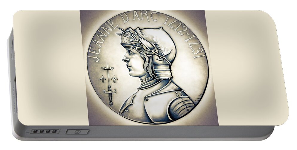 Coin Portable Battery Charger featuring the drawing Joan of Arc - Tinted Original by Fred Larucci
