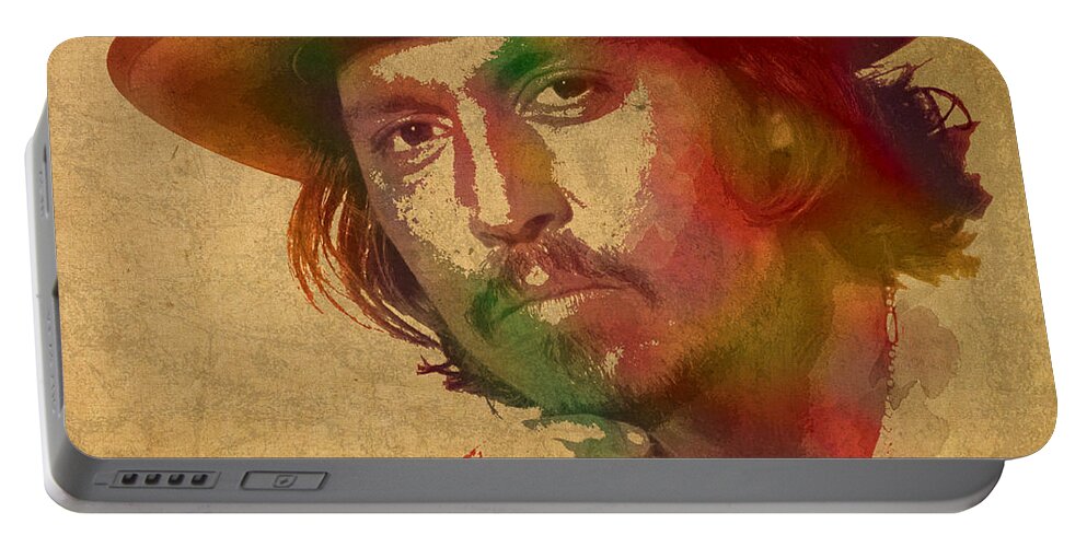 Johnny Depp Portable Battery Charger featuring the mixed media Johnny Depp Watercolor Portrait on Worn Distressed Canvas by Design Turnpike