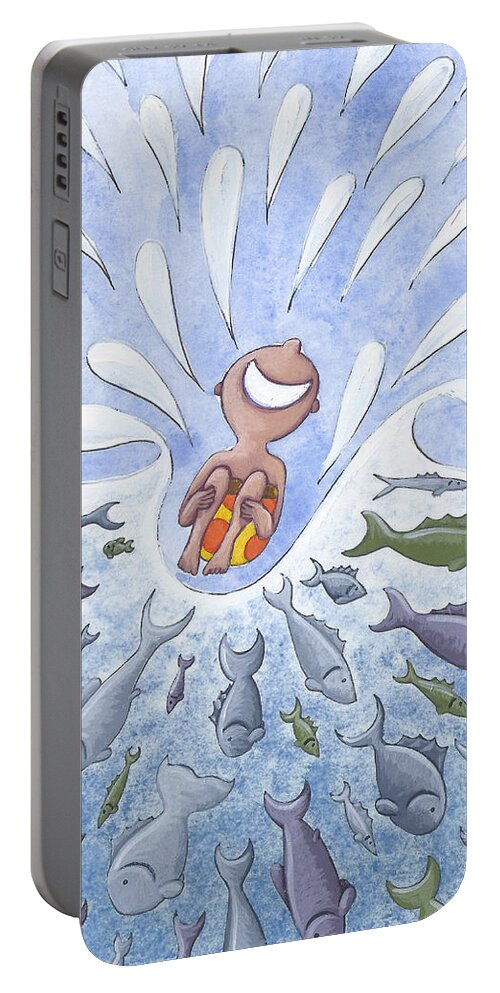 Boy Portable Battery Charger featuring the painting Jumping In by Christy Beckwith