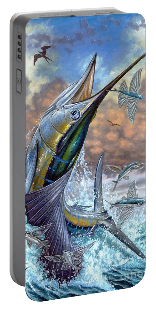 Flying Fishes Portable Battery Charger featuring the painting Jumping Sailfish And Flying Fishes by Terry Fox