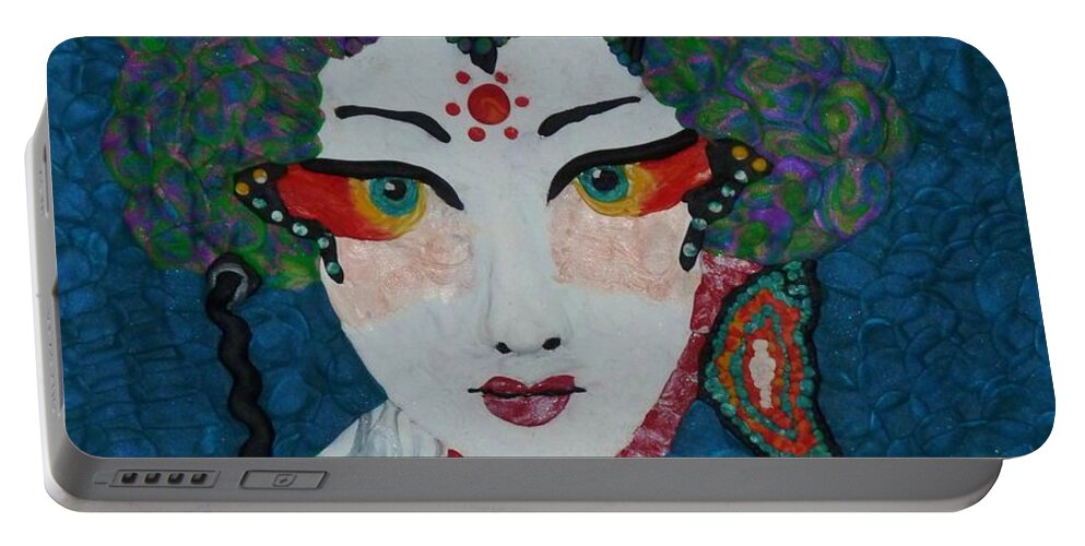 Kabuki Portable Battery Charger featuring the mixed media Kabuki by Deborah Stanley