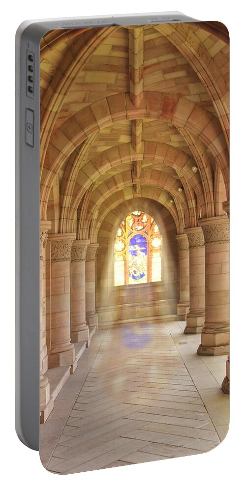 Architecture Portable Battery Charger featuring the photograph Kelso Abbey stained glass by Sue Leonard
