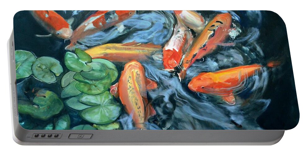 Koi Portable Battery Charger featuring the painting Koi Frenzy by Donna Tuten