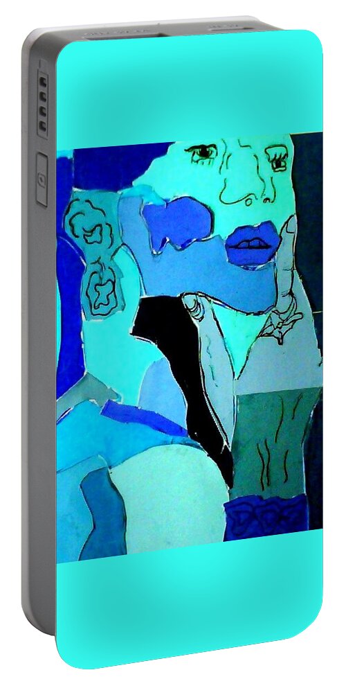 Lady Portable Battery Charger featuring the mixed media Lady in Blue by Suzanne Berthier