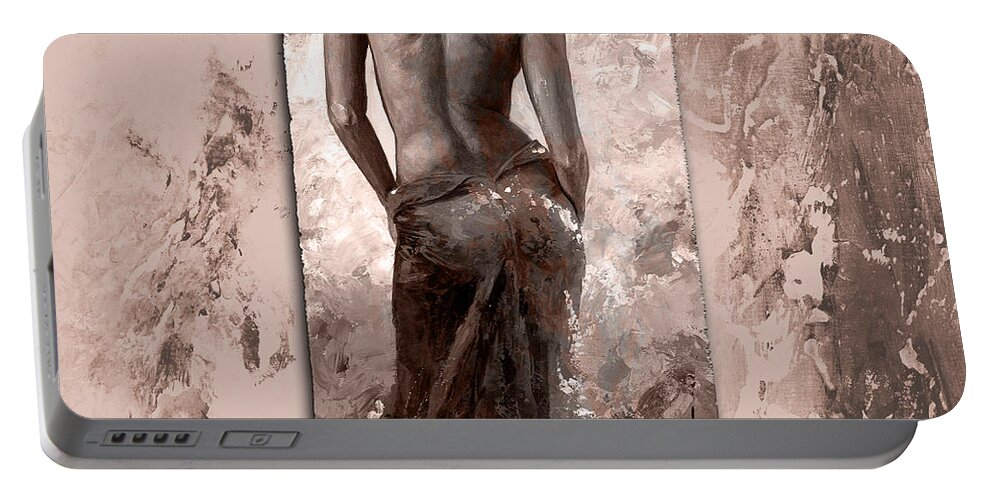 Nude Portable Battery Charger featuring the painting Lady in red 27 style MistyRose by Emerico Imre Toth